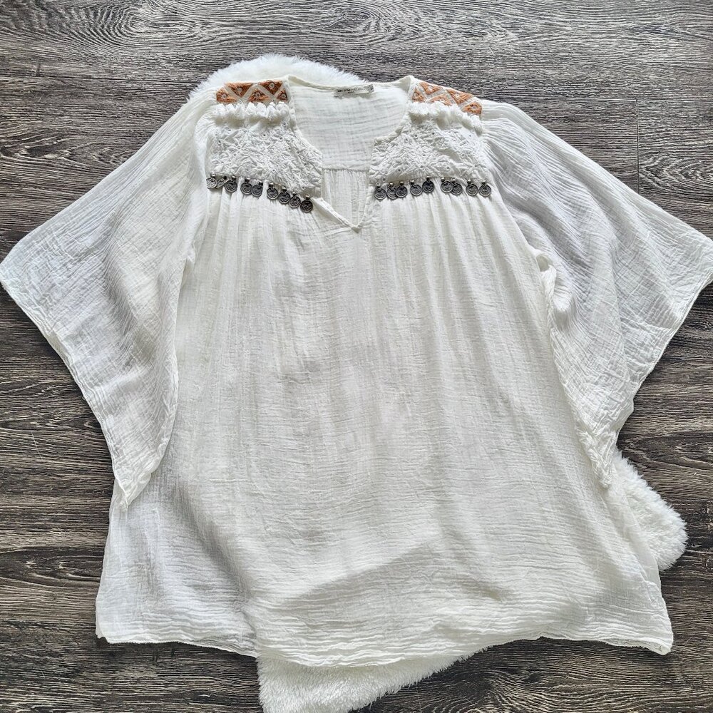 Mes Demoiselles Antonia Cotton Gauze Flared Sleeve Tunic Top Sz 40